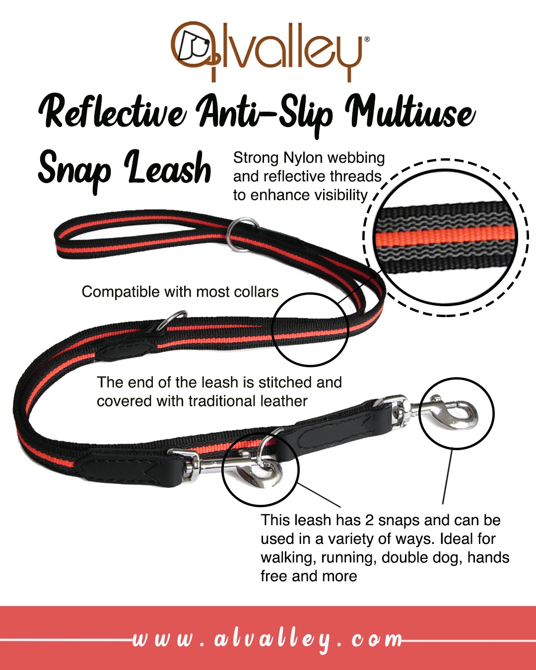 Reflective Anti-Slip Multiuse Dog Snap Leashes