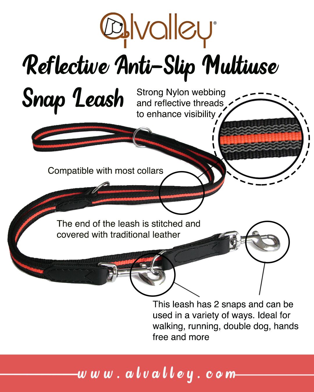 Reflective Anti-Slip Multiuse Snap Leash